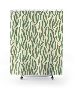 William Morris Style Cream Green Leaves Pattern Shower Curtain, Art Nouveau Summer Leaf Decor for Boho Bathroom