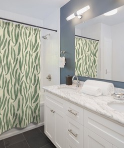 William Morris Style Cream Green Leaves Pattern Shower Curtain, Art Nouveau Summer Leaf Decor for Boho Bathroom