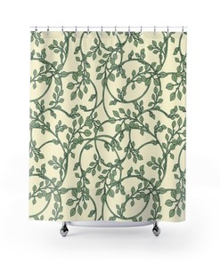 William Morris Style Cream Green Vine Pattern Shower Curtain, Artistic Bohemian Design for Trailing Leaves Art
