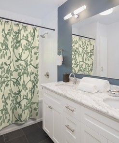 William Morris Style Cream Green Vine Pattern Shower Curtain, Artistic Bohemian Design for Trailing Leaves Art