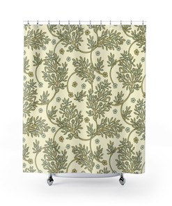 William Morris Style Cream Olive Green Leaves Pattern Shower Curtain, Artistic Bohemian Design for Leaf Vine Art