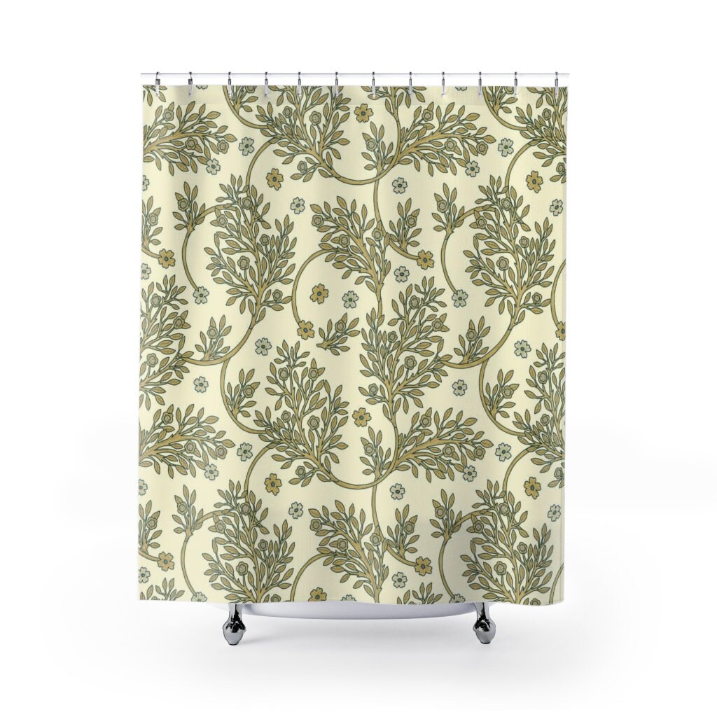 William Morris Style Cream Olive Green Leaves Pattern Shower Curtain, Artistic Bohemian Design for Leaf Vine Art