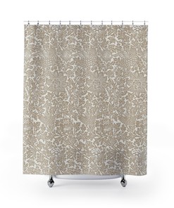 William Morris Vintage English Bathroom Accessory with Bird & Anemone Cafe au Lait Beige Antique Bathroom Shower Curtain