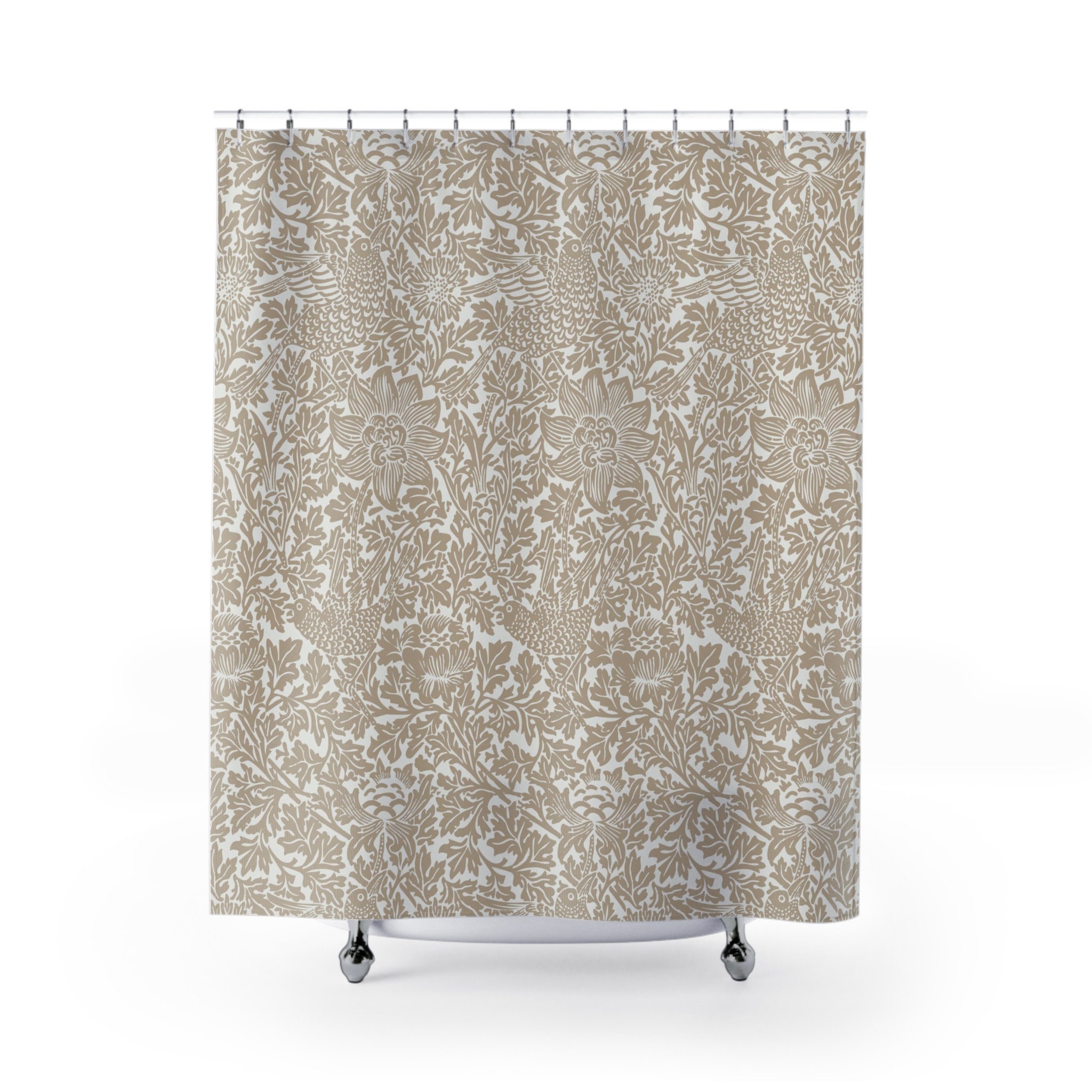 William Morris Vintage English Bathroom Accessory with Bird & Anemone Cafe au Lait Beige Antique Bathroom Shower Curtain
