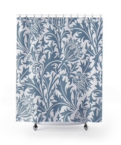 William Morris Vintage English Bathroom Accessory with Blue & White Floral Print Thistle Shower Curtain