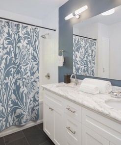William Morris Vintage English Bathroom Accessory with Blue & White Floral Print Thistle Shower Curtain