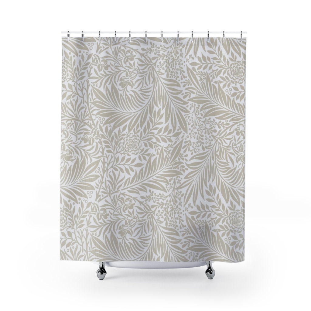 William Morris Vintage English Bathroom Accessory with Soft Beige Latte White Shower Curtain