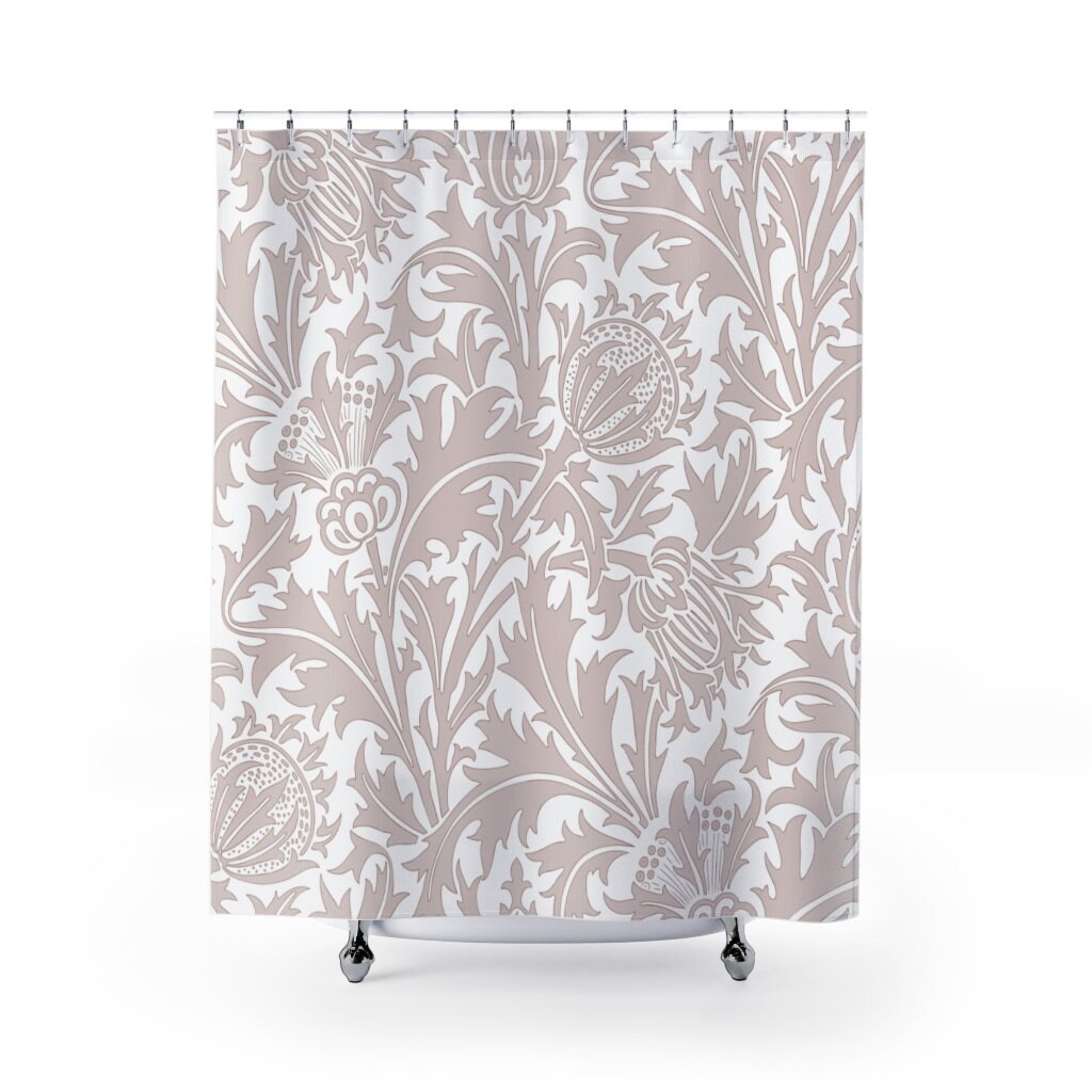 William Morris Vintage English Bathroom Accessory with Soft Beige & White Thistle Shower Curtain