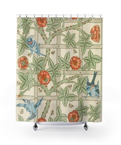 William Morris-Inspired Bird Shower Curtain with Vintage Floral Print for a Romantic and Nostalgic Bathroom