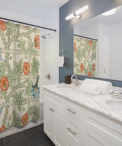 William Morris-Inspired Bird Shower Curtain with Vintage Floral Print for a Romantic and Nostalgic Bathroom