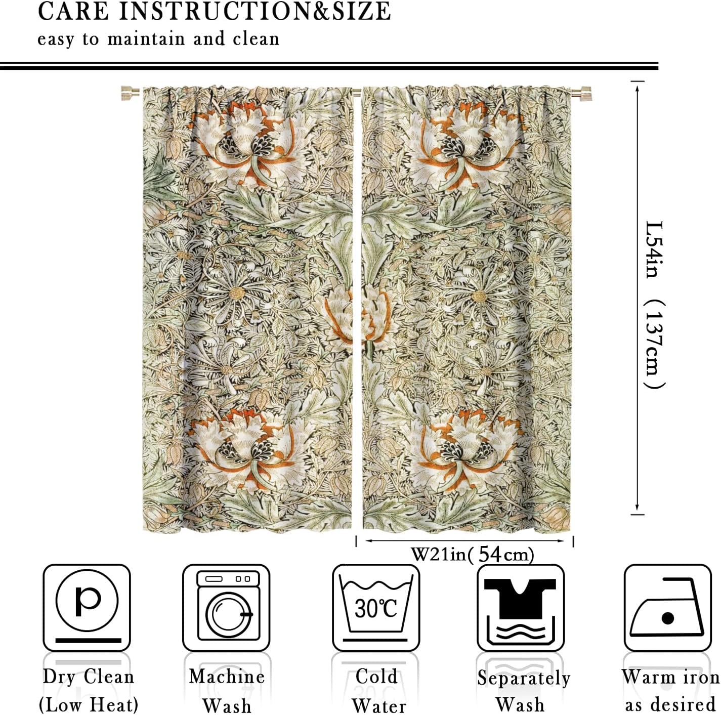 William Morris-Inspired Vintage Art Blackout Curtains in Honeysuckle Vintage Floral Design for Your Living Room