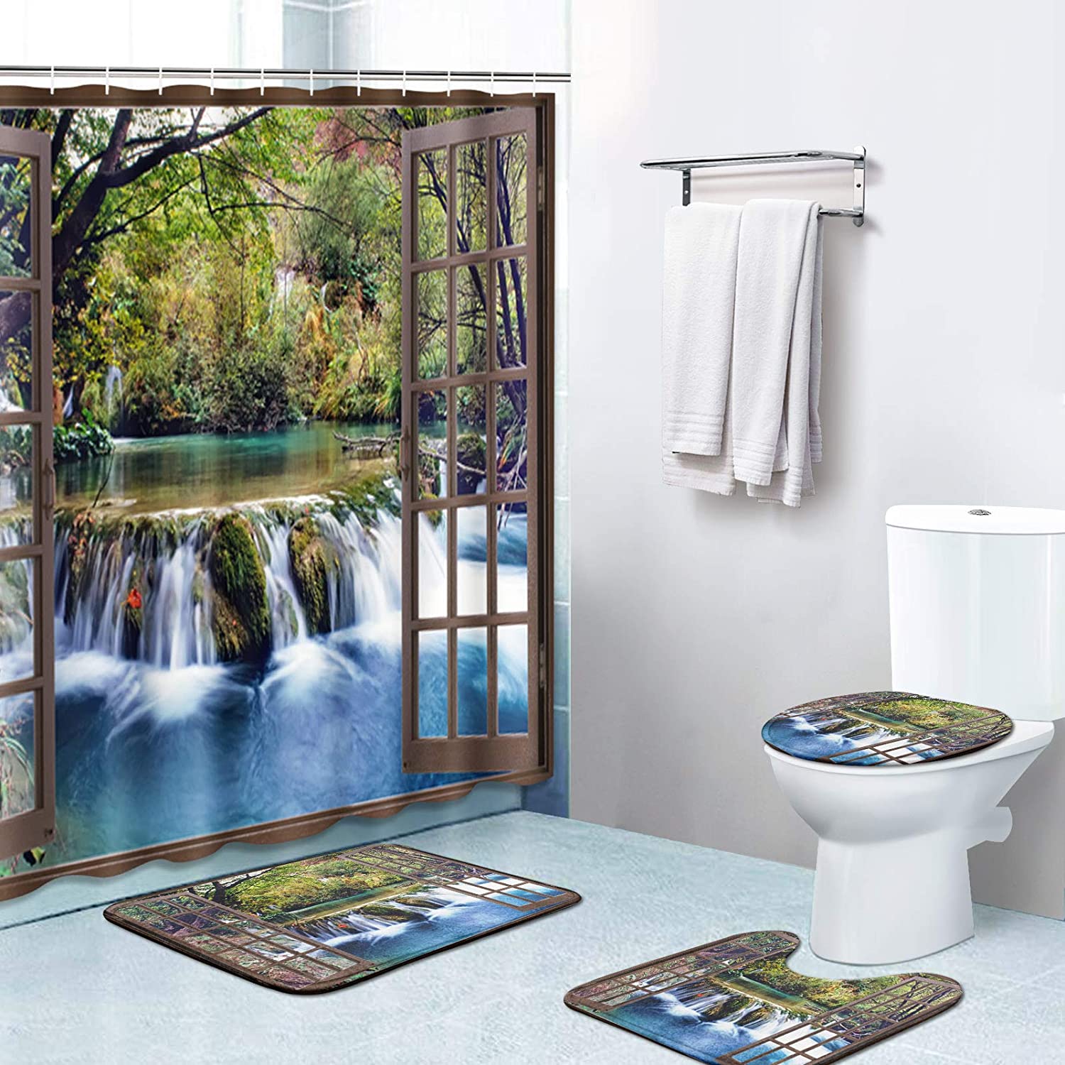 Window Waterfall Scenery Durable Waterproof Shower Curtain