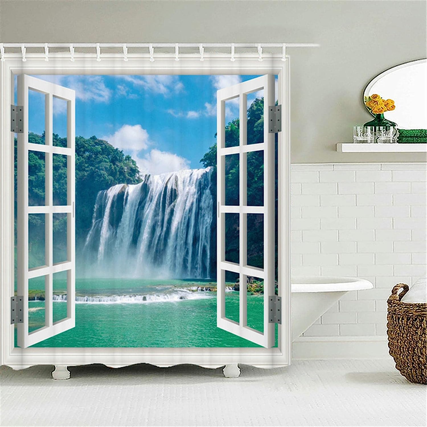 Window Waterfall View Shower Curtain, Waterproof and Durable Bathroom Decor