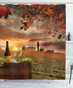 Winery Shower Curtain, Chianti Tuscany Vineyard Sunset Print, Cloth Fabric Bathroom Decor, Apple Green