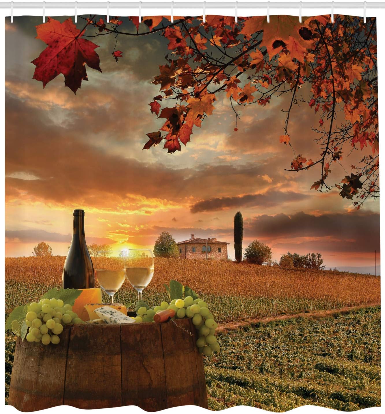 Winery Shower Curtain, Chianti Tuscany Vineyard Sunset Print, Cloth Fabric Bathroom Decor, Apple Green - Image 2