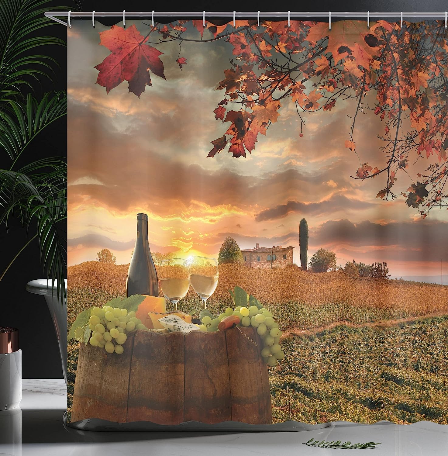 Winery Shower Curtain, Chianti Tuscany Vineyard Sunset Print, Cloth Fabric Bathroom Decor, Apple Green - Image 3