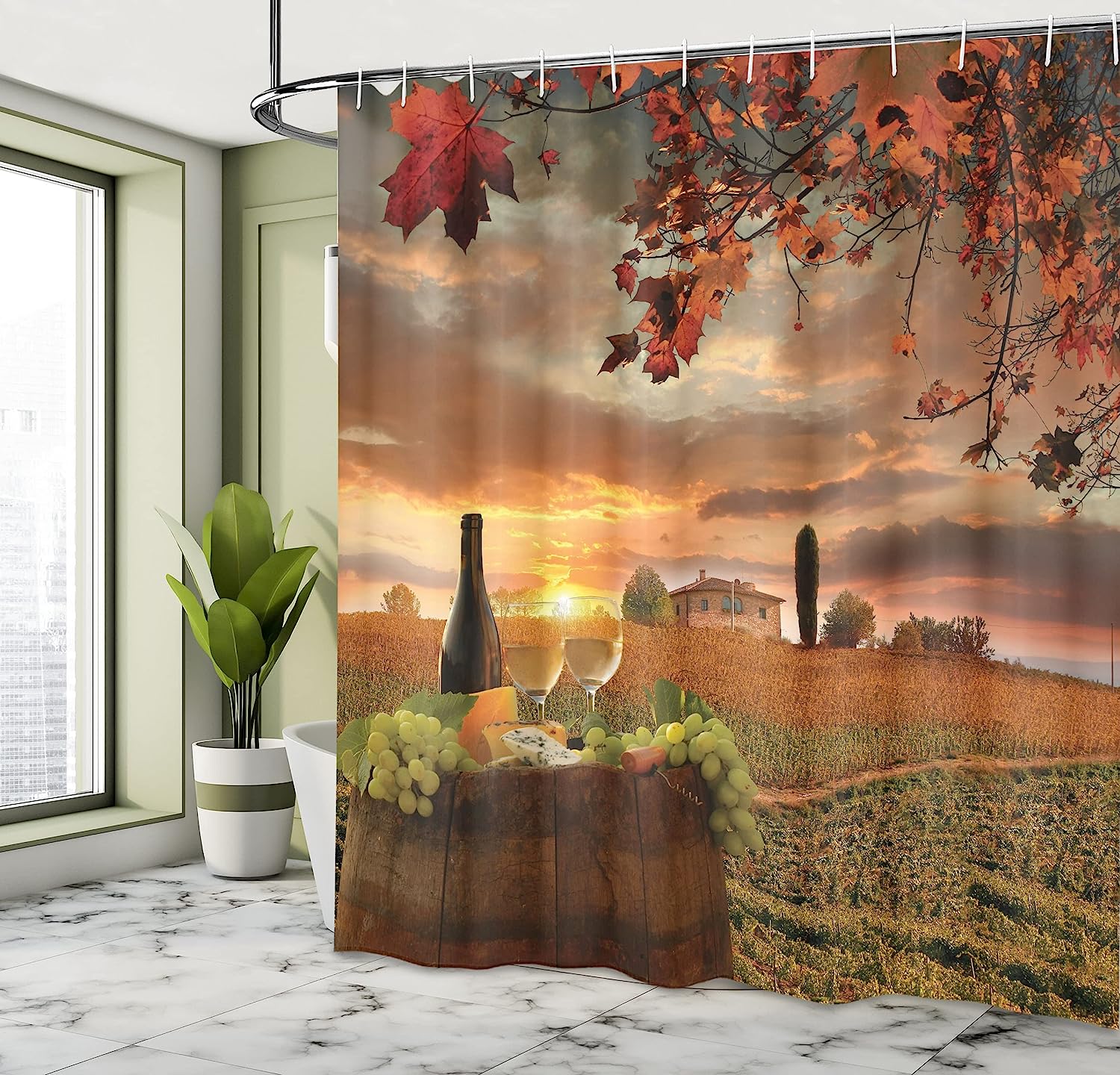 Winery Shower Curtain, Chianti Tuscany Vineyard Sunset Print, Cloth Fabric Bathroom Decor, Apple Green - Image 4