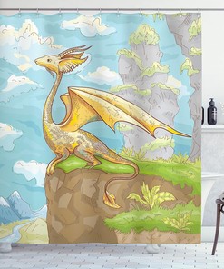 Winged Animal On Cliff Hand Drawn Landscape Shower Curtain - Cloth Fabric Bathroom Decors, Color