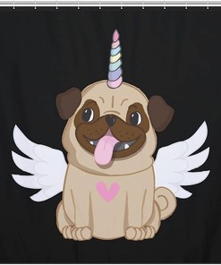 Winged Pug Unicorn Print Shower Curtain for Cute Bathroom Decor