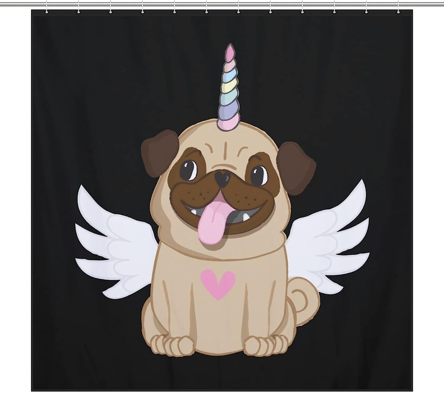 Winged Pug Unicorn Print Shower Curtain for Cute Bathroom Decor