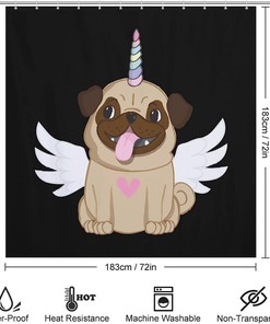 Winged Pug Unicorn Print Shower Curtain for Cute Bathroom Decor