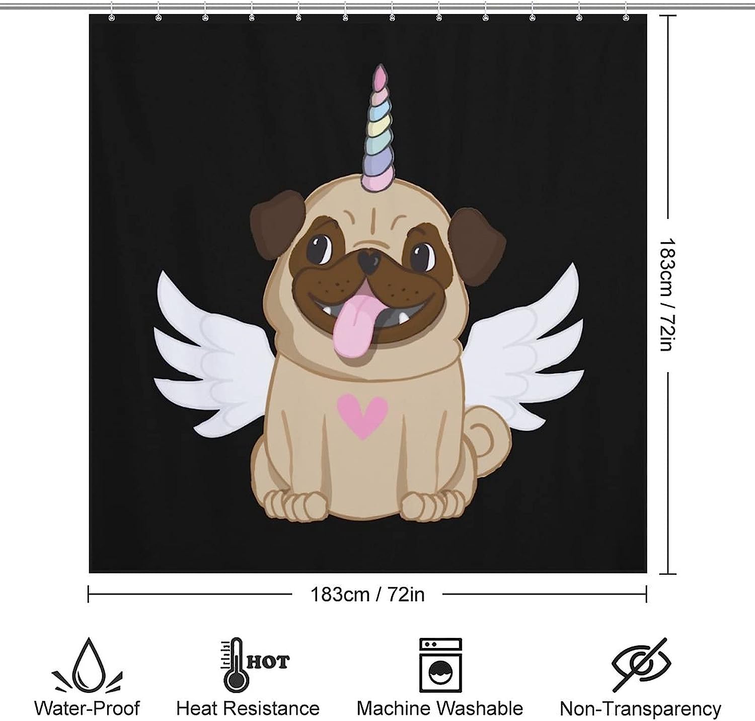 Winged Pug Unicorn Print Shower Curtain for Cute Bathroom Decor