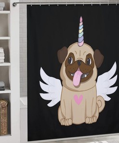 Winged Pug Unicorn Print Shower Curtain for Cute Bathroom Decor