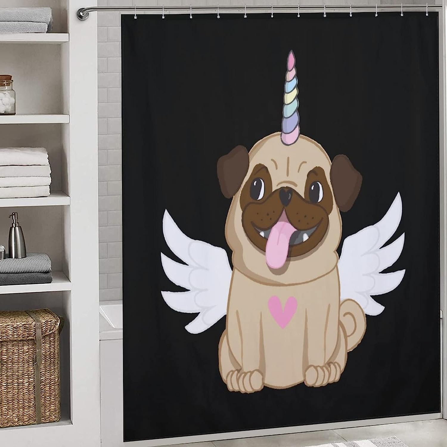 Winged Pug Unicorn Print Shower Curtain for Cute Bathroom Decor