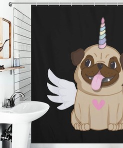 Winged Pug Unicorn Print Shower Curtain for Cute Bathroom Decor