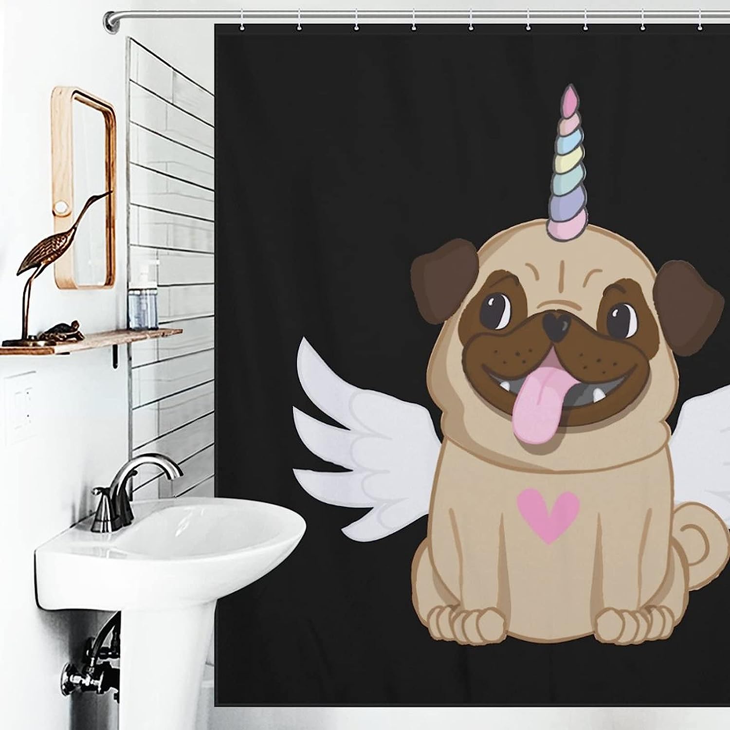 Winged Pug Unicorn Print Shower Curtain for Cute Bathroom Decor