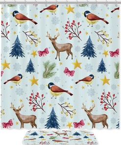 Winter Bird and Deer Tree Branches Shower Curtain Set 