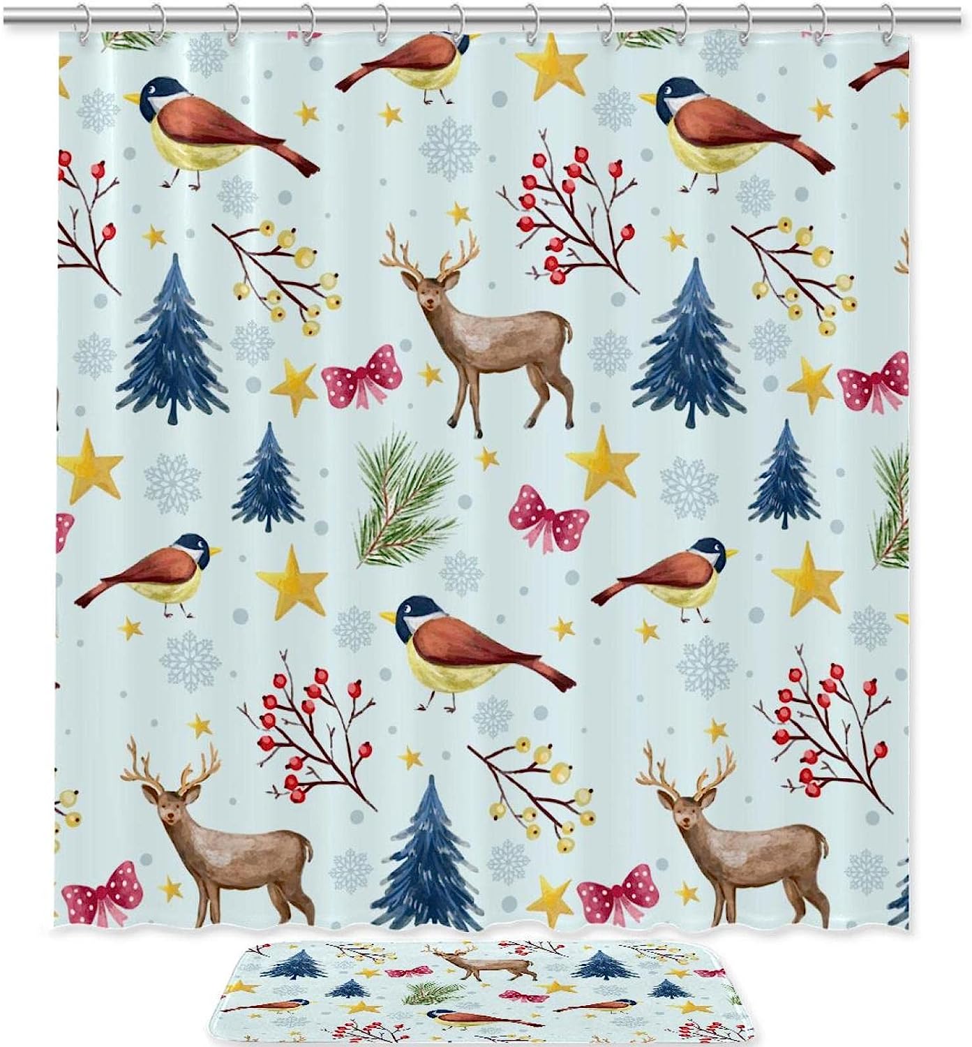 Winter Bird and Deer Tree Branches Shower Curtain Set