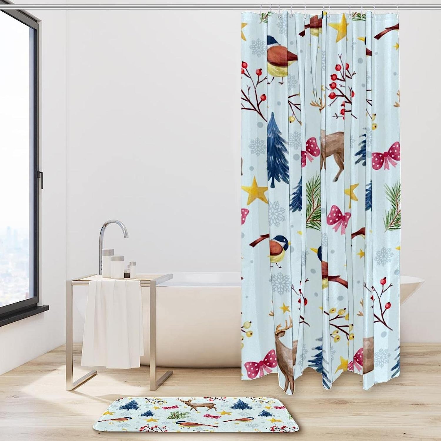 Winter Bird and Deer Tree Branches Shower Curtain Set