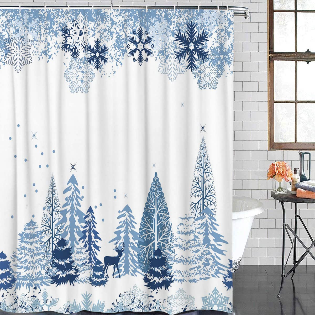 Winter Blue Snowflake Fabric Shower Curtain For Holiday-Themed Bathroom Decor