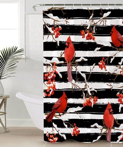 Winter Cardinals Berry on Black Stripes Vintage Shower Curtain for Bathroom