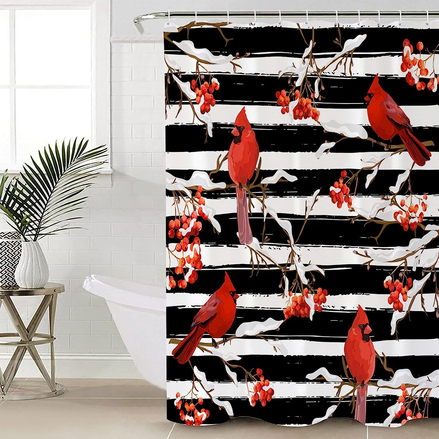 Winter Cardinals Berry on Black Stripes Vintage Shower Curtain for Bathroom