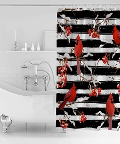 Winter Cardinals Berry on Black Stripes Vintage Shower Curtain for Bathroom