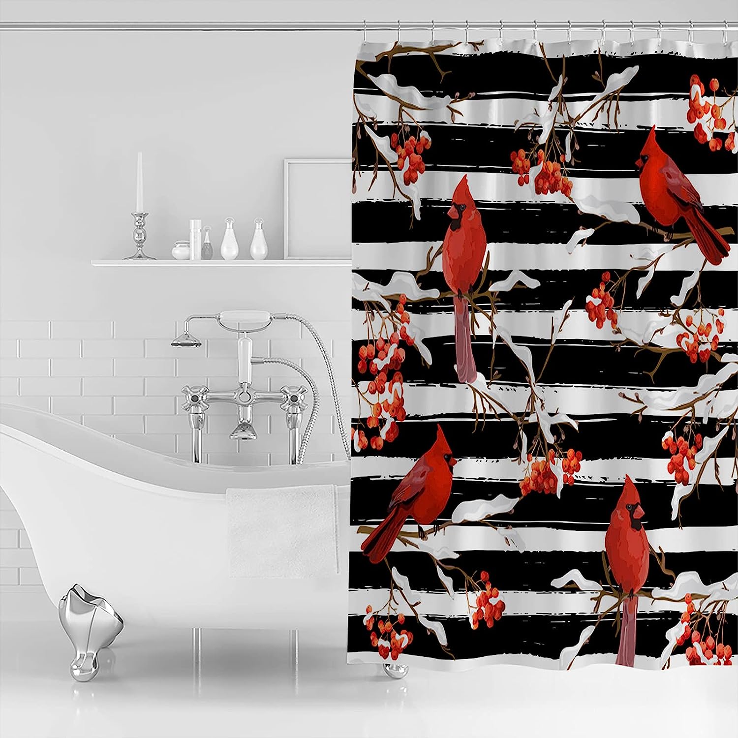 Winter Cardinals Berry on Black Stripes Vintage Shower Curtain for Bathroom