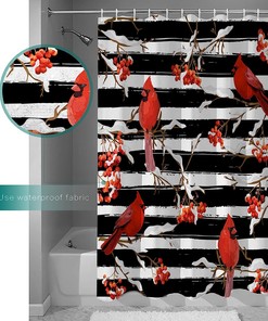 Winter Cardinals Berry on Black Stripes Vintage Shower Curtain for Bathroom