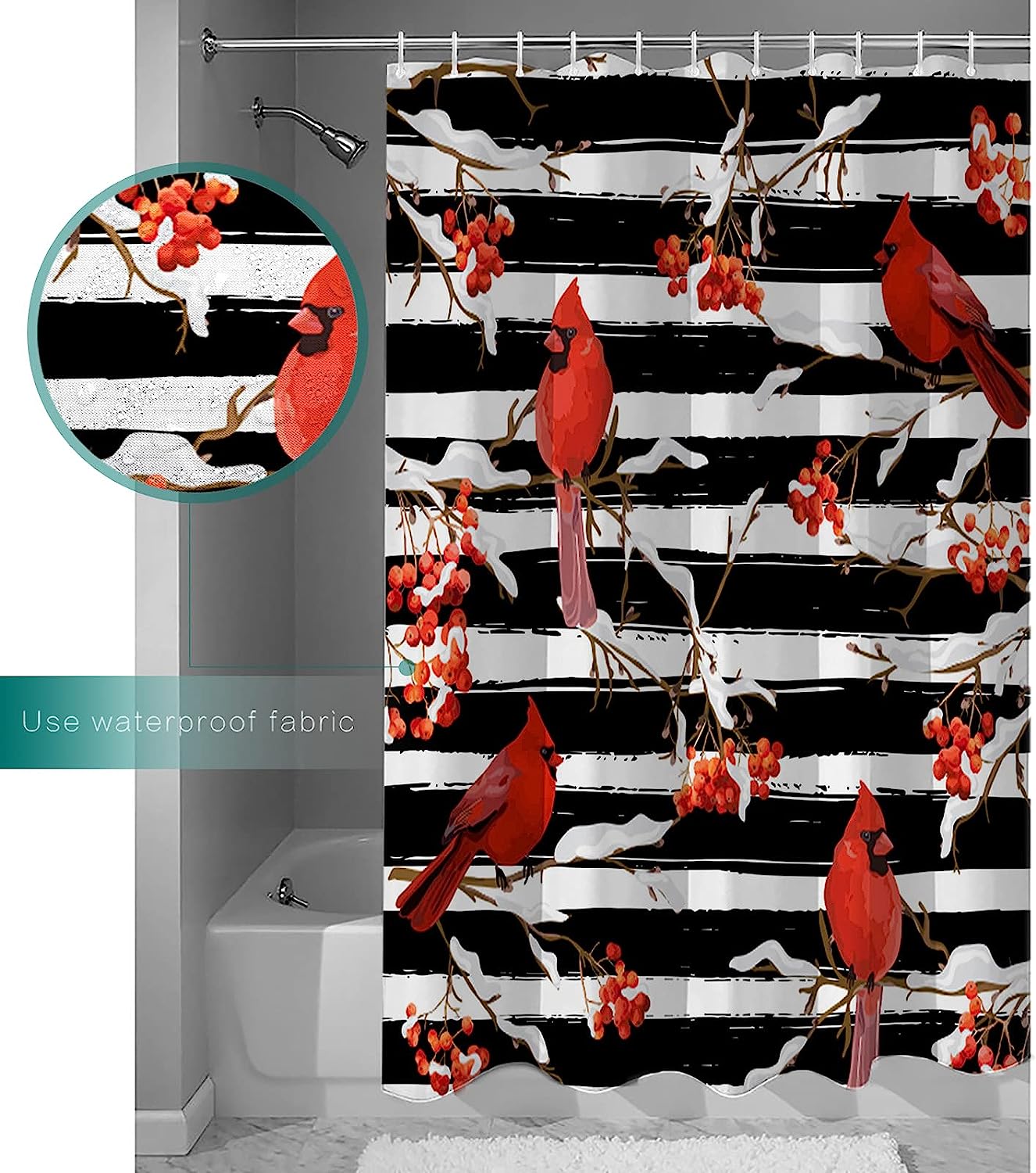 Winter Cardinals Berry on Black Stripes Vintage Shower Curtain for Bathroom