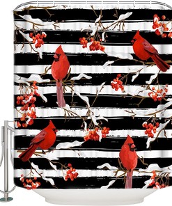 Winter Cardinals Berry on Black Stripes Vintage Shower Curtain for Bathroom