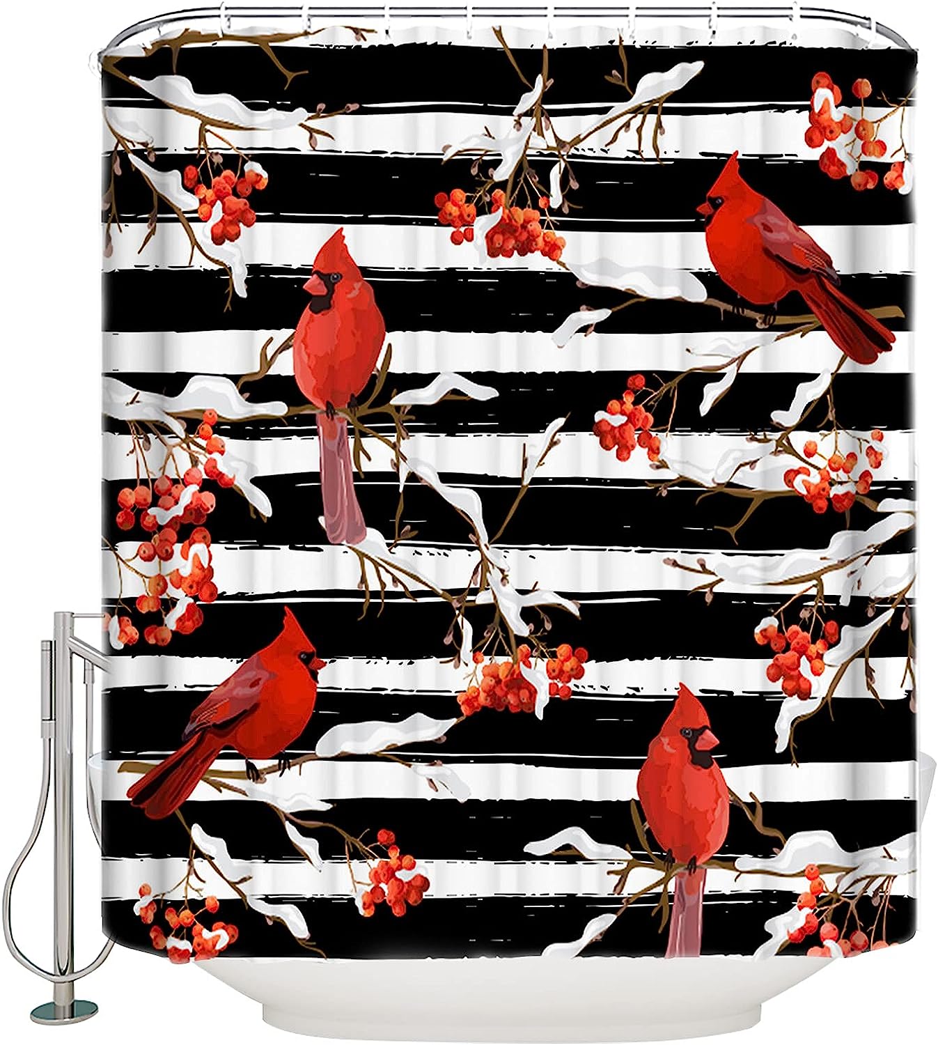 Winter Cardinals Berry on Black Stripes Vintage Shower Curtain for Bathroom