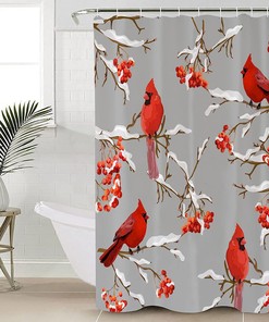 Winter Cardinals Berry on Grey Vintage Bathroom Shower Curtain