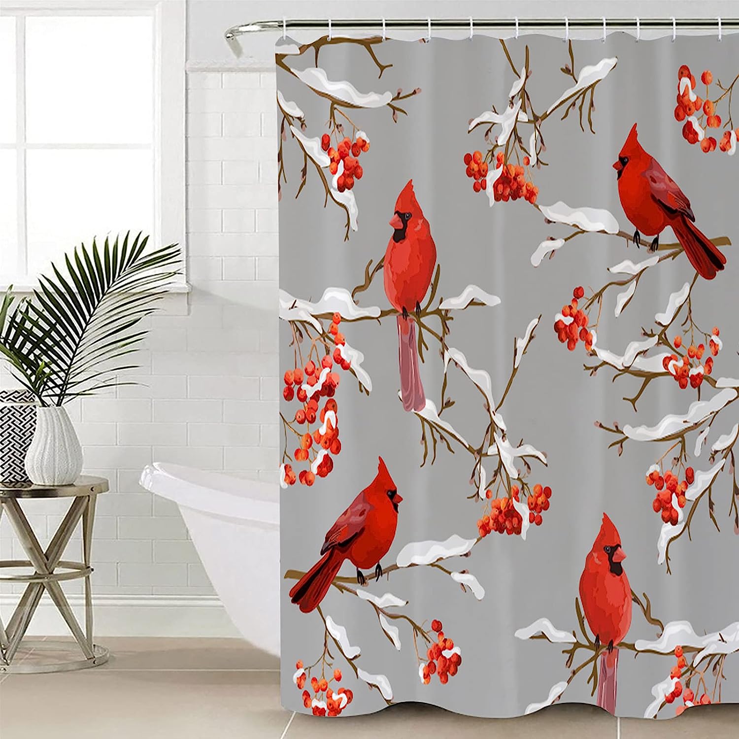Winter Cardinals Berry on Grey Vintage Bathroom Shower Curtain