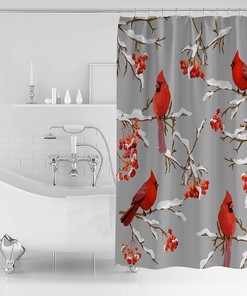 Winter Cardinals Berry on Grey Vintage Bathroom Shower Curtain