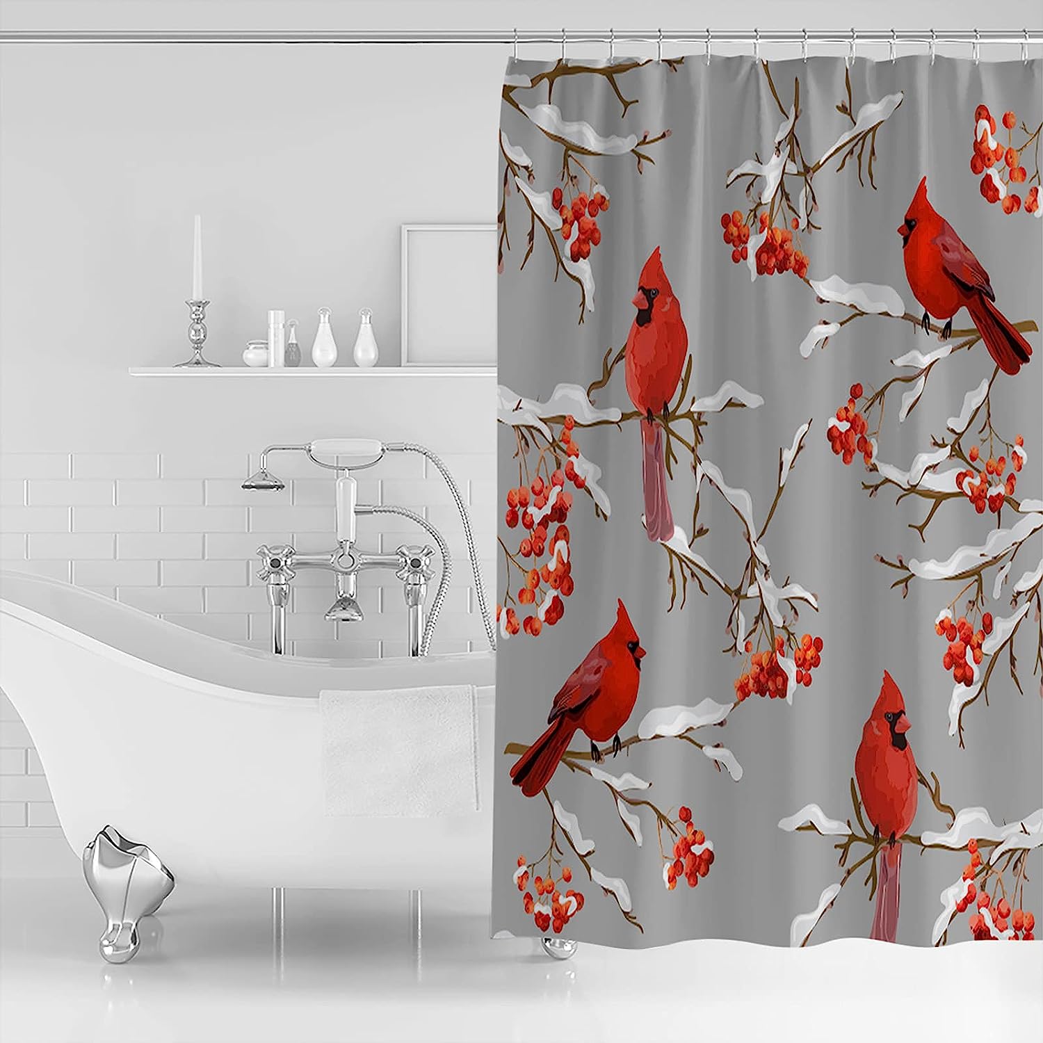 Winter Cardinals Berry on Grey Vintage Bathroom Shower Curtain