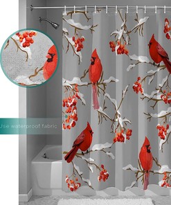 Winter Cardinals Berry on Grey Vintage Bathroom Shower Curtain