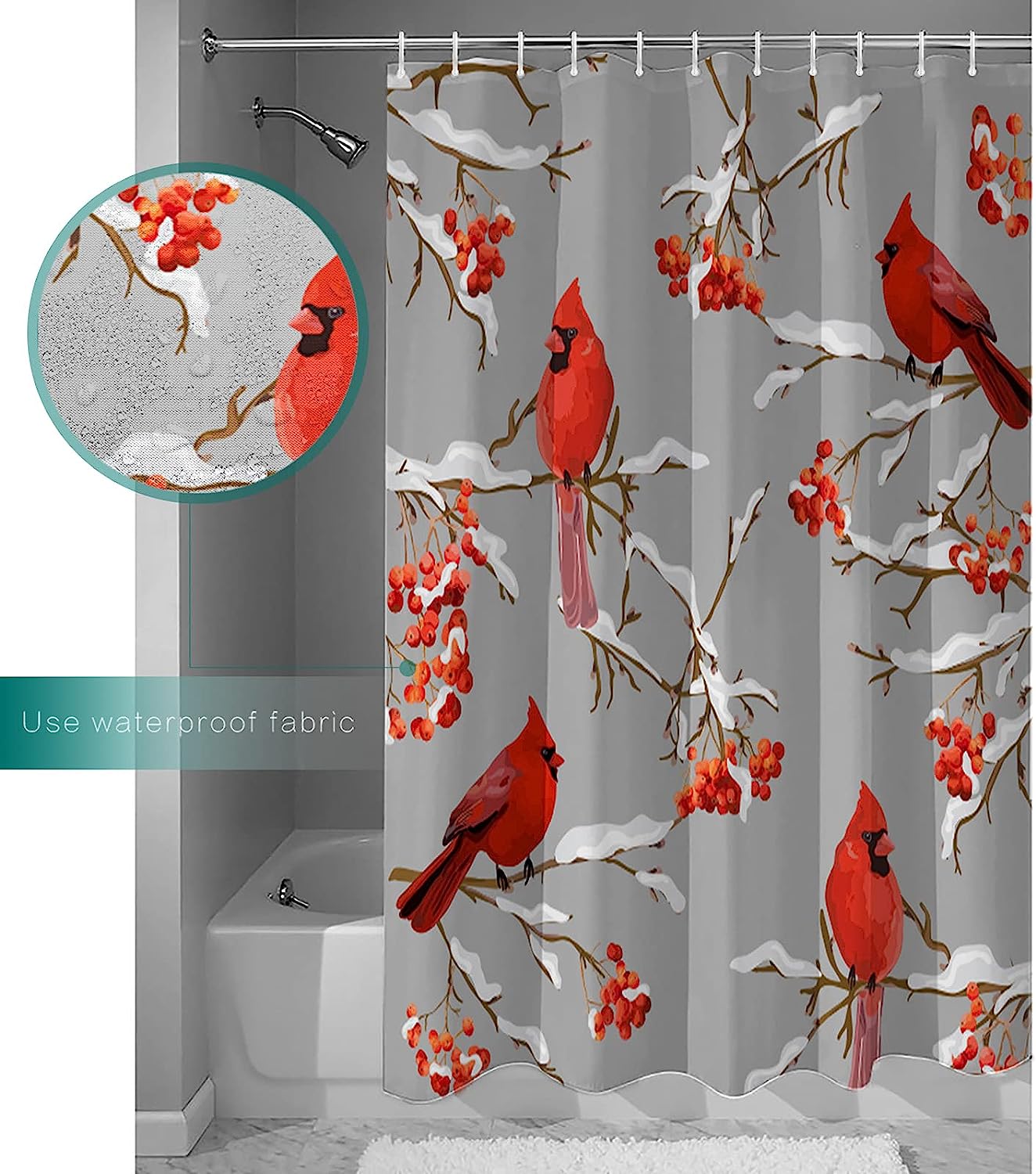 Winter Cardinals Berry on Grey Vintage Bathroom Shower Curtain