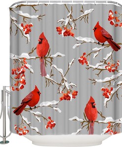 Winter Cardinals Berry on Grey Vintage Bathroom Shower Curtain