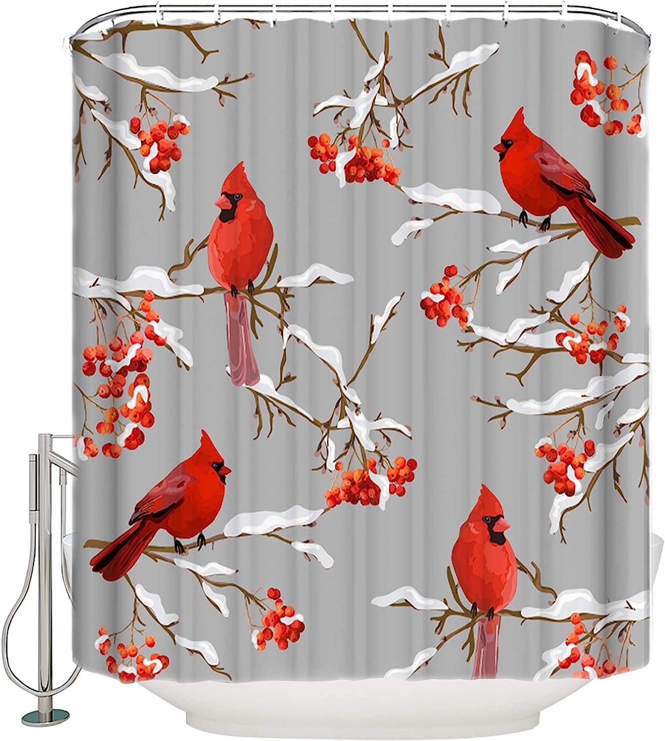 Winter Cardinals Berry on Grey Vintage Bathroom Shower Curtain